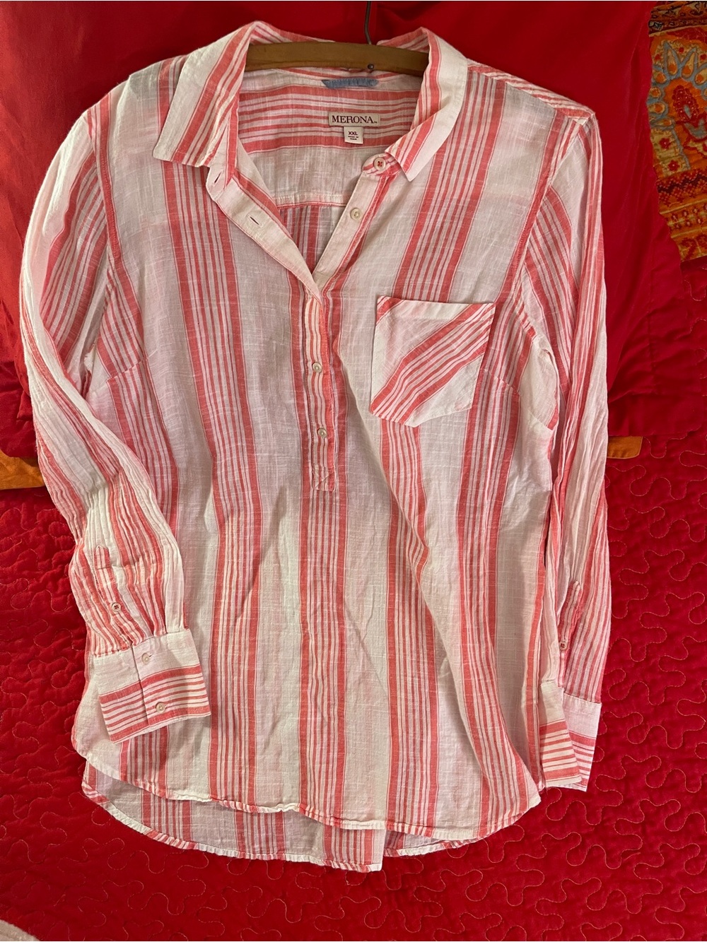 Merona Coral and White XXL Striped Button-Down Tunic Overshirt